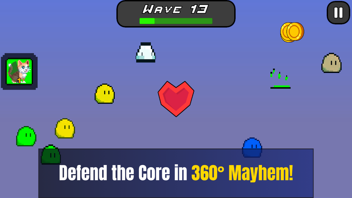 360-degree Defense Mode with the core, slimes, and wave progress